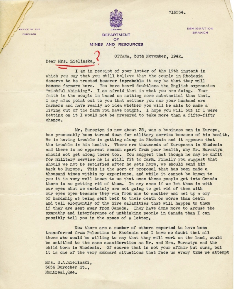 Front page of a two-page letter stamped with Canada Department of Mines and Resources letterhead. The letter contains a red pen underlining the addressee name with a question mark, contains four typed paragraphs, and ends with a hand signature.