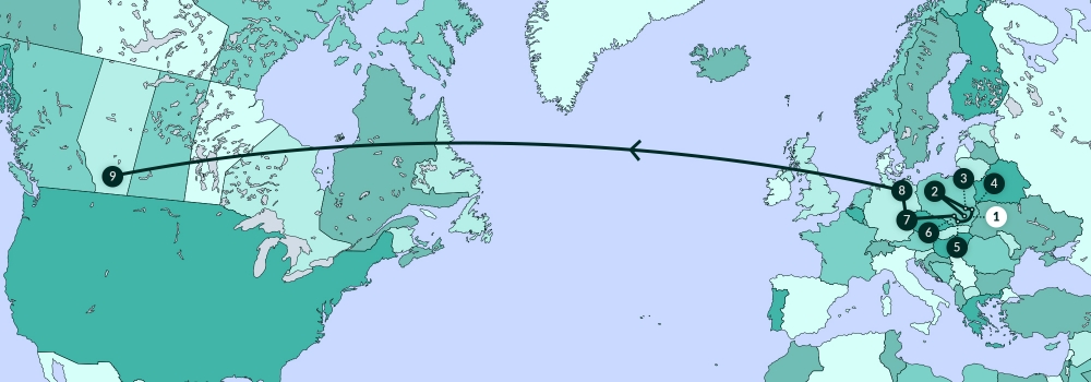 A grey-coloured map diagram depicting most of North America, Europe, and part of Africa. A line traverses various points along the map.