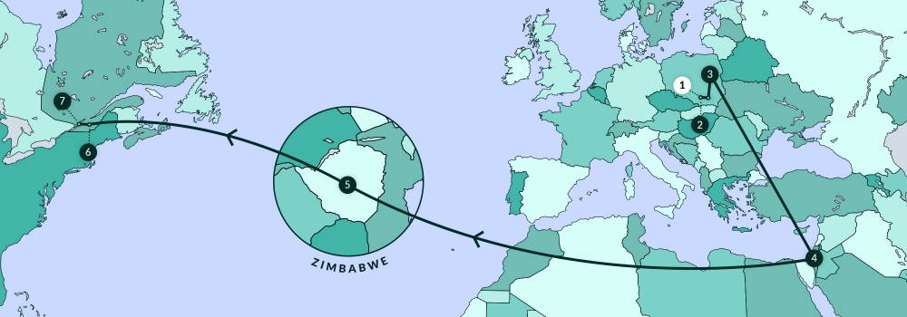 Une carte illustrant la plupart de l'Amérique du Nord, de l’Europe et une partie de l’Afrique. Une ligne traverse divers endroits de la carte.