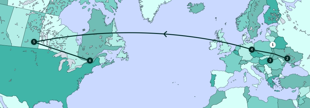 A grey-coloured map diagram depicting most of North America, Europe, and part of Africa. A line traverses various points along the map.