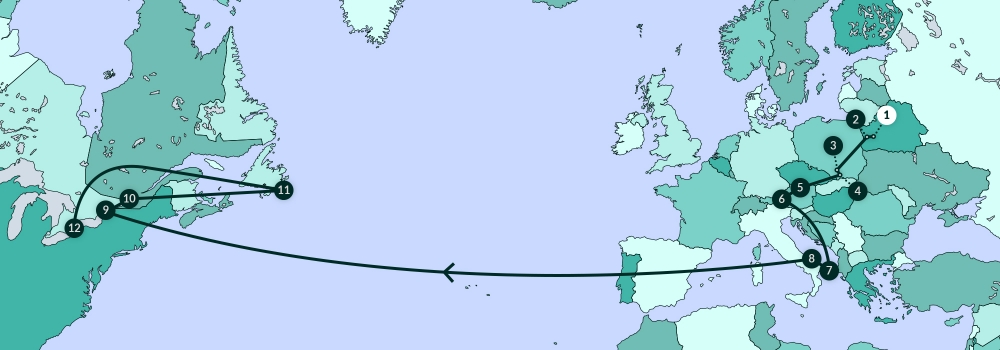 A coloured map diagram depicting most of North America, Europe, and part of Africa. A line traverses various points along the map.