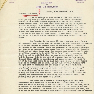 Front page of a two-page letter stamped with Canada Department of Mines and Resources letterhead. The letter contains a red pen underlining the addressee name with a question mark, contains four typed paragraphs, and ends with a hand signature.