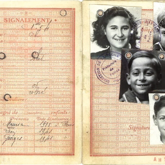 Two pages of a yellow-paper passport with red typed font and some handwritten names. The right page features four small black-and-white photographs, each one of a child’s face.