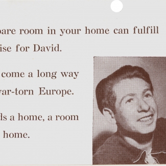 Copy of a page from a brochure with six lines of typed text, and a black-and-white photograph of a smiling young man in the bottom-right corner. A vertical blue bar on the far right displays more text.