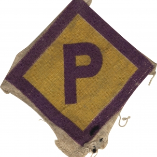 Colour photograph of a fabric badge in the shape of diamond. The centre is yellow with purple borders. In the middle of the badge is the capital letter ‘P’ in purple.