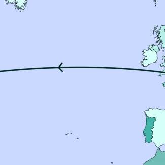 A blue-coloured map diagram depicting most of North America, Europe, and part of Africa. A line traverses various points along the map.