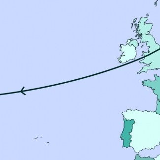 A blue-coloured map diagram depicting most of North America, Europe, and part of Africa. A line traverses various points along the map.