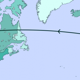 A grey-coloured map diagram depicting most of North America, Europe, and part of Africa. A line traverses various points along the map.