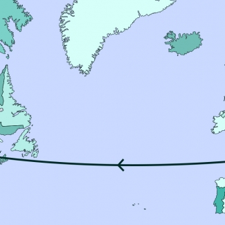 A grey-coloured map diagram depicting most of North America, Europe, and part of Africa. A line traverses various points along the map.