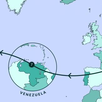 A blue-coloured map diagram depicting most of North America, Europe, and part of Africa. A line traverses various points along the map.