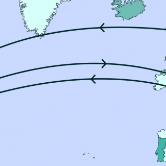 A grey-coloured map diagram depicting most of North America, Europe, and part of Africa. A line traverses various points along the map.