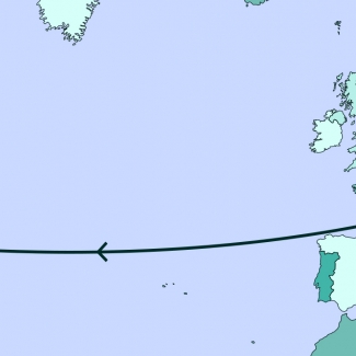 A coloured map diagram depicting most of North America, Europe, and part of Africa. A line traverses various points along the map.