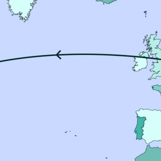 A blue-coloured map diagram depicting most of North America, Europe, and part of Africa. A line traverses various points along the map.