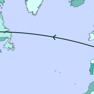 A grey-coloured map diagram depicting most of North America, Europe, and part of Africa. A line traverses various points along the map.